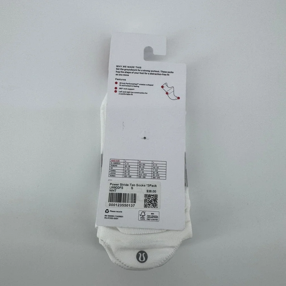 Lululemon‎ Power Stride Tab Socks 3-Pack White Small LW9DDFS Training Running